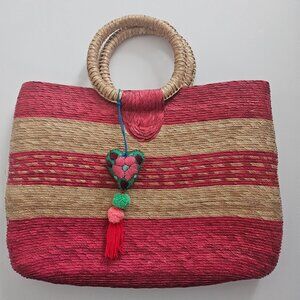 NWOT Artisanal Mexican Woven Straw Bag  Pink & Natural with "Corazon" Charm